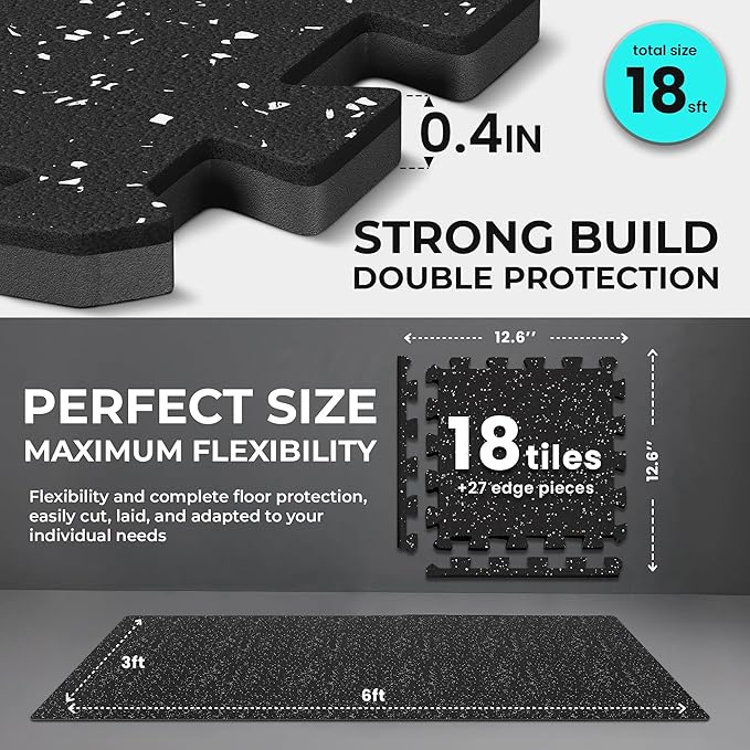 bemaxx Gym Mats Set - 18 pcs Rubber Top + EVA Interlocking Foam Floor Tiles (12.6"x12.6"x0.4") 18sqft Protective Gym Flooring Sports Home Workout Exercise Mat Puzzle Fitness Garage Play Pool Treadmill