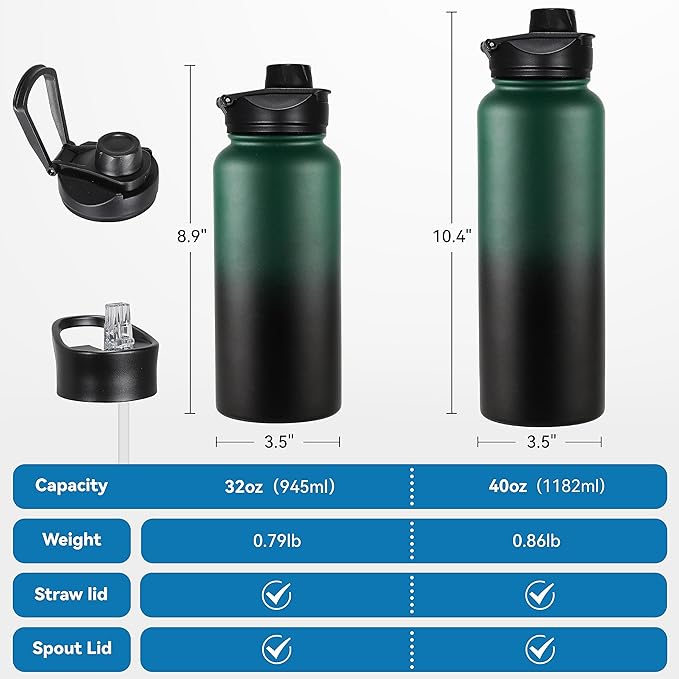 VEGOND 32 oz Insulated Water Bottle Bulk Stainless Steel Metal Water Bottles with Leak Proof Straw Lid & Spout Lid, Wide Mouth Double Walled Vacuum Travel Sports Bottle, 8 Pack