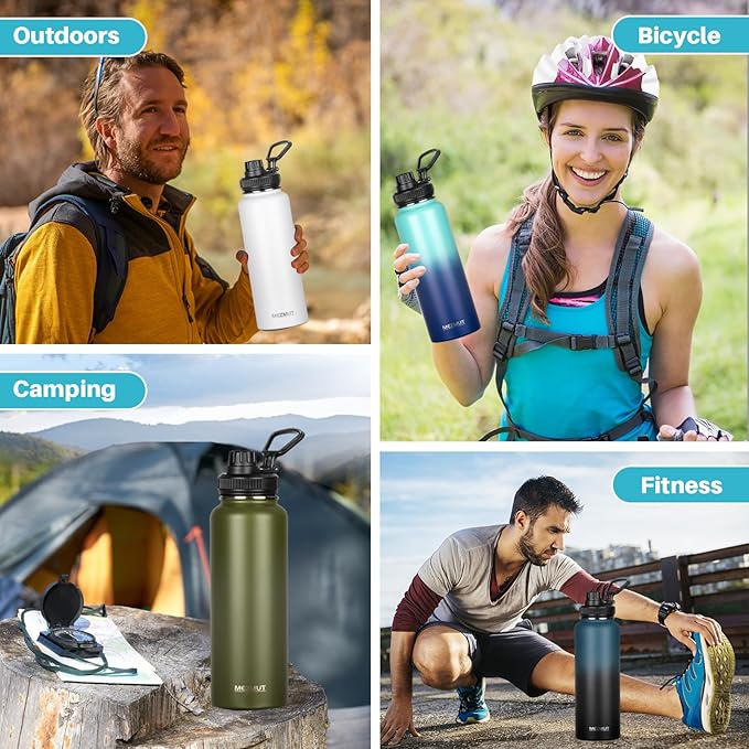 MEZMUT Insulated Water Bottle with Straw&2 Lids 40oz Stainless Steel Water Bottles Metal Water Bottle Double Walled Vacuum Insulated Bottles Cups Leak-Proof Travel Cup (Gradient Blue Black)