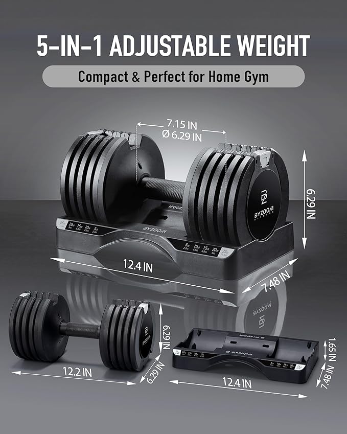 BYZOOM FITNESS Adjustable Dumbbell – 12.5/25lb Single Unit OR Set of 2 – 5-in-1 Adjustable Weight for Home Gym, Strength Training & Fitness Workouts, White OR Black