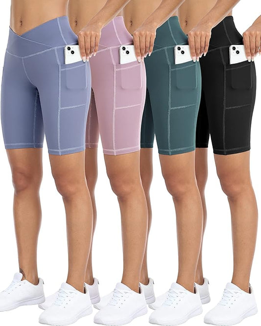 WHOUARE 4 Pack Biker Yoga Shorts with Pockets for Women,High Waisted Athletic Running Workout Gym Shorts Tummy Control