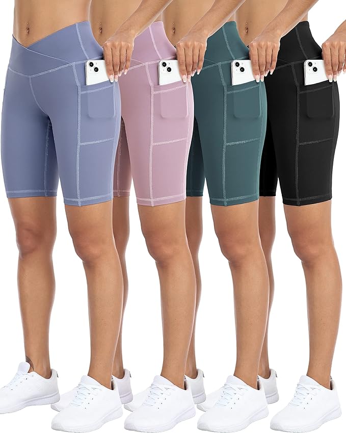 WHOUARE 4 Pack Biker Yoga Shorts with Pockets for Women,High Waisted Athletic Running Workout Gym Shorts Tummy Control