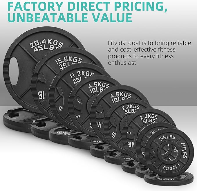 Fitvids Olympic 2-Inch Cast Iron Barbell Set, Including 255 Pounds Weight Plates Set with 7FT Olympic Bar (300 Pounds Total), Multiple Packages