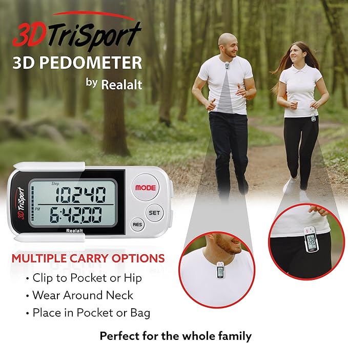 Realalt 3DTriSport Walking 3D Pedometer with Clip & Strap, eBook Included 30 Days Memory Accurate Step Counter, Walking Distance Miles/Km, Calorie Counter, Daily Exercise Time Monitor