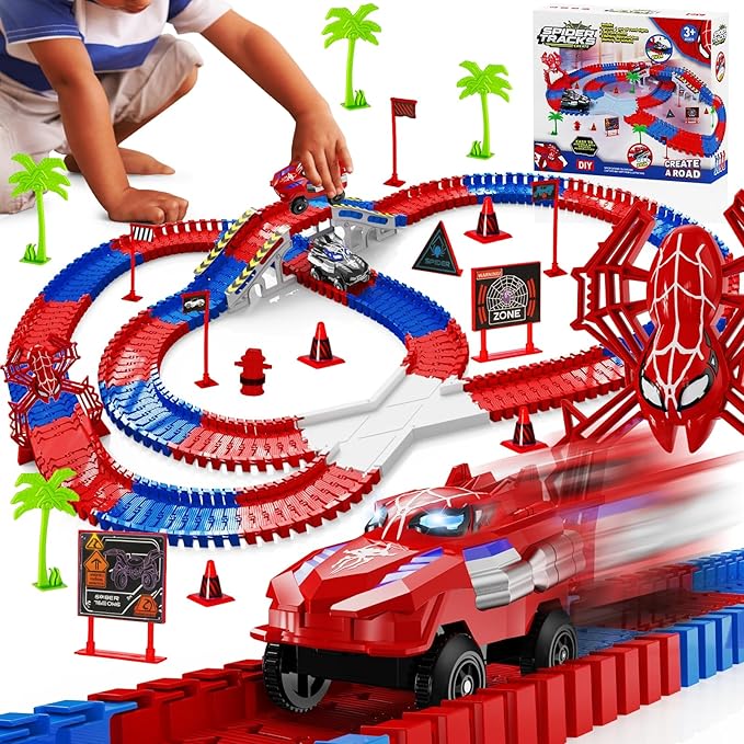 Spider Race Track Toy for Boys 4-6, Race Car Set with 2 Spider Cars, DIY Flexible Tracks Playset, Toddler STEM Building Toys for Girls, Christmas, Birthday Gift for Kids Ages 3+