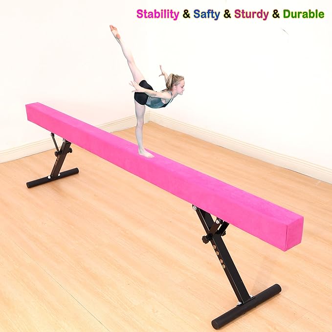 8 Ft Gymnastic Balance Beam with Adjustable Height From7 inch to 22 inch for Kids Children Home Practice, Adjustable Balance Beam with Leg, High and Low Floor Gymnatic Training Beam
