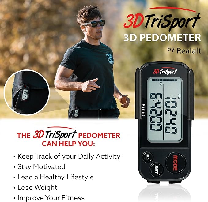 Realalt 3DTriSport Walking 3D Pedometer with Clip & Strap, eBook Included 30 Days Memory Accurate Step Counter, Walking Distance Miles/Km, Calorie Counter, Daily Exercise Time Monitor