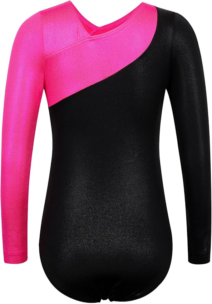BAOHULU Leotards for Girls Gymnastics Long Sleeve Embroidery Shiny Black Diamond Dance Clothes