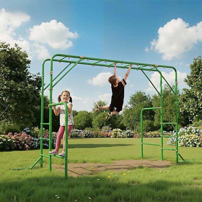 Outdoor Monkey Bars for Kids, Steel Monkey Bar for Backyard, with Climbing and Gymnastics Bar,Free-Standing Playset for Children Age 3-12,Compact for Small Yards, Green