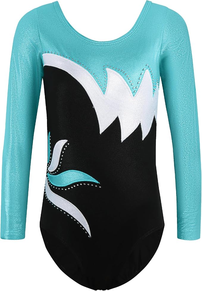 BAOHULU Leotards for Girls Gymnastics Long Sleeve Embroidery Shiny Black Diamond Dance Clothes