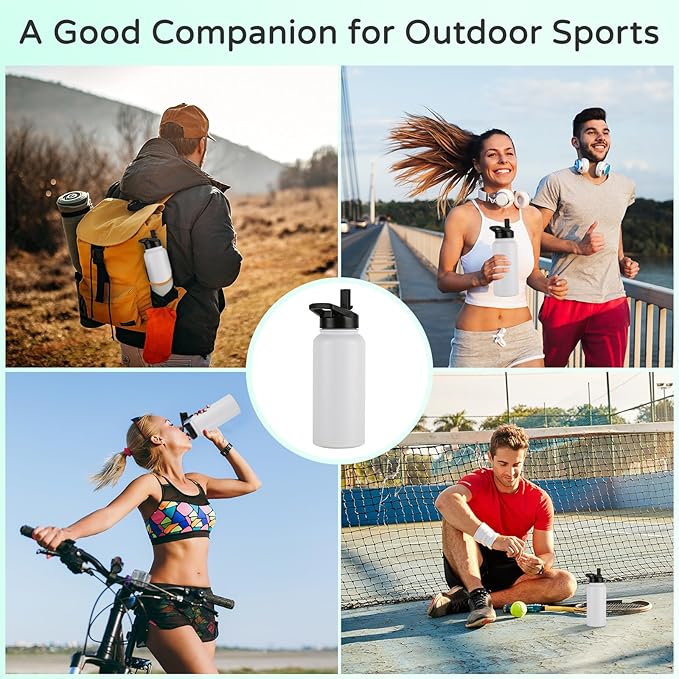 DOMICARE 32 oz Insulated Water Bottle Bulk, Vacuum Insulated Stainless Steel Sports Water Bottle with Straw Lid & Spout Lid, Leakproof, Reusable - Travel, Camping, Bike, White (4 Pack)