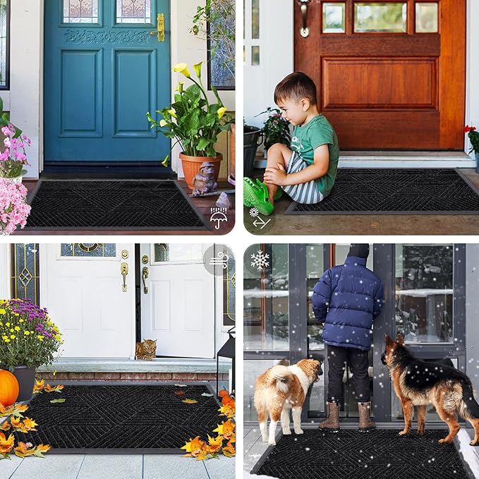 Smiry Front Door Mat Outside Entrance, Heavy Duty Sturdy Natural Rubber Doormat, Trap Dirt and Moisture, Easy Clean Low Profile Mats for Indoor Outdoor Entry, Irregular Triangle (59x35, Black)