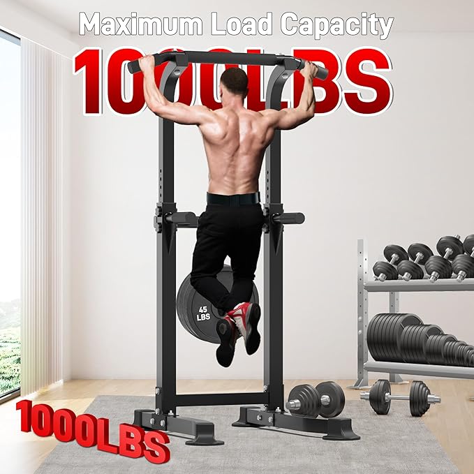 Outdoor Basic Power Tower, Pull Up Bar and Dip Station for Home Gym, 1600LBS Weight Capacity, Adjustable Height, Heavy Duty Steel Frame for Calisthenics, Strength Training Fitness Equipment