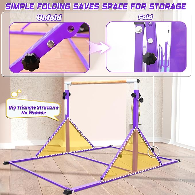 PreGymnastic Foldable Gymnastics Bar, 5.6FT Folding Horizontal Bars for Kids Ages 3-12, Weight Limit 350 LBS, Adjustable kip Bar, Children Home Gym Equipment Indoor