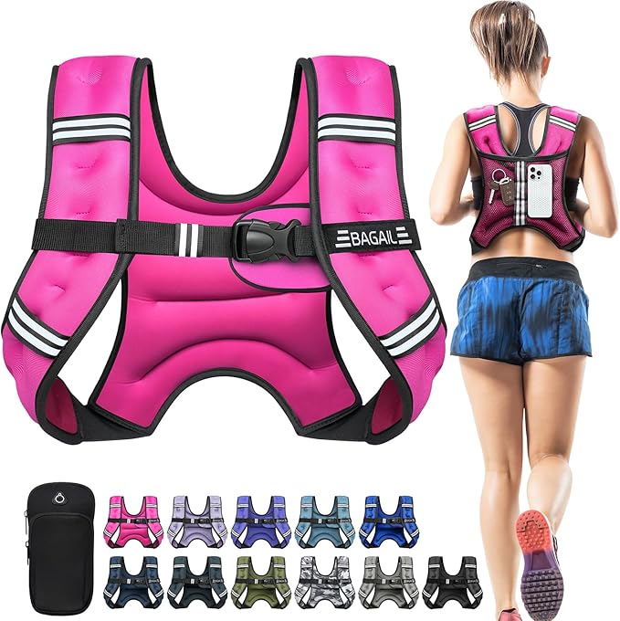 BAGAIL Weighted Vest, 5lb/8lb/10lb/12lb/15lb/20lb/25lb/30lb Weight Vest for Walking & Weight Loss, Reflective Rucking Vest with Phone Pouch for Women & Men, Home Gym & Outdoor Training