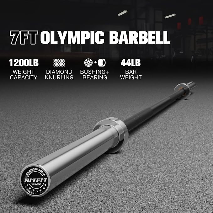 RITFIT 7FT Olympic Barbell for Strength and Weightlifting Training - 2 Inch Olympic Bar for Squat, Deadlift, Bench Press, Curl, Overhead Press - 600lbs/1000lbs/1200lbs Capacity