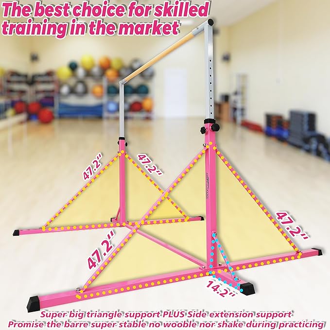 Gymnastics Bar for Kids Adults Ages 5-25,6FT Width ,7.2 FT Base Length ,Gymnastic Horizontal bar,Kip bar For Real Gymnastics,Height Adjustable 49.2" to 68.9",Competition Gymnastics Equipment For Home Gym 500LB Capacity