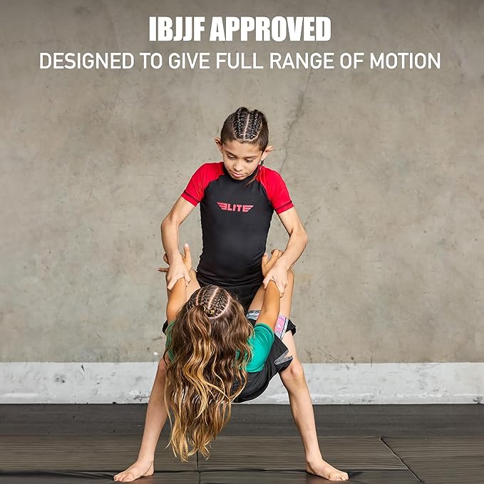 Elite Sports Kids Jiu Jitsu BJJ Rash Guard, Short Half Sleeve Compression Shirt for Youth Boys Girls Sports Nogi Training