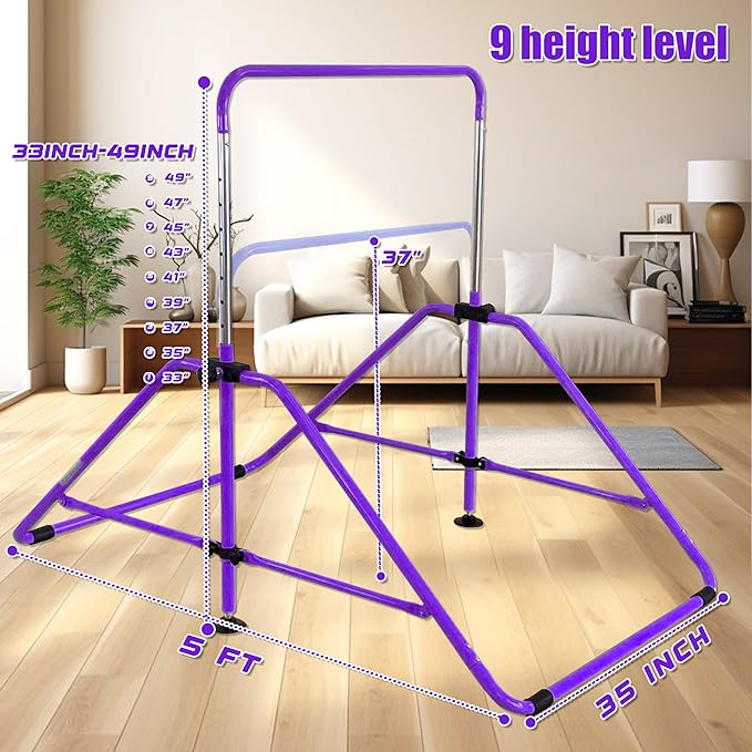 MARFULA Foldable Gymnastic Bar for Kids Ages 3-12, 9 Height Levels, 200 lbs Weight Capacity, 5 Ft Length Gymnastic Kip Bar with Mat, Gymnastic Equipment for Home and Gym Center Indoor Outdoor Use