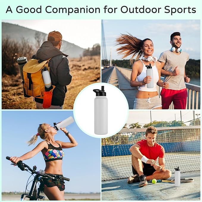 DOMICARE 40 oz Insulated Water Bottle Bulk, Vacuum Insulated Stainless Steel Sports Water Bottle with Straw Lid & Spout Lid, Leakproof, Reusable - Travel, Camping, Bike, White (4 Pack)