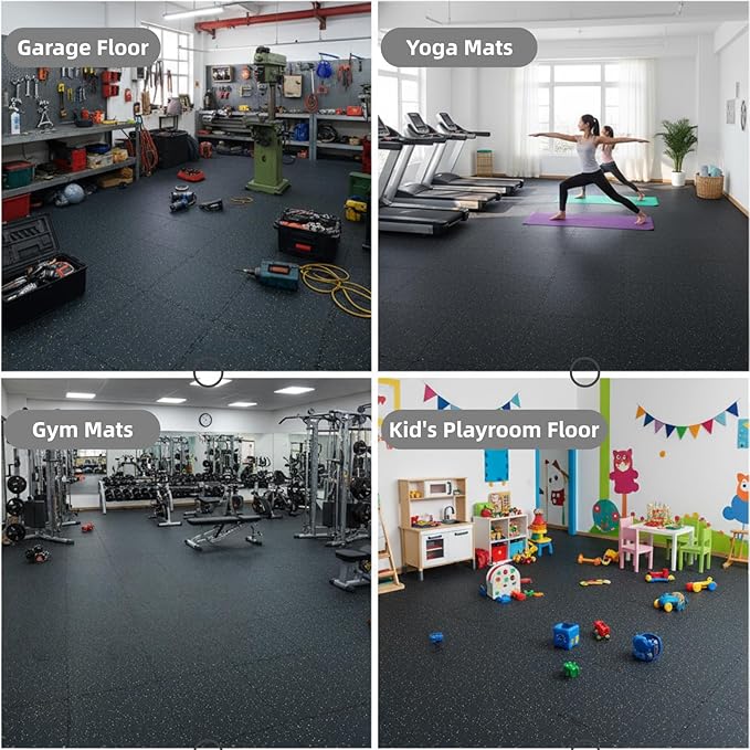 Interlocking Rubber Gym Mats 96 Sq Ft Heavy Duty Exercise Flooring for Home Gym, Weightlifting, Yoga, Playroom - Dual-Layer Non-Slip Noise Reducing Floor Protection Tiles