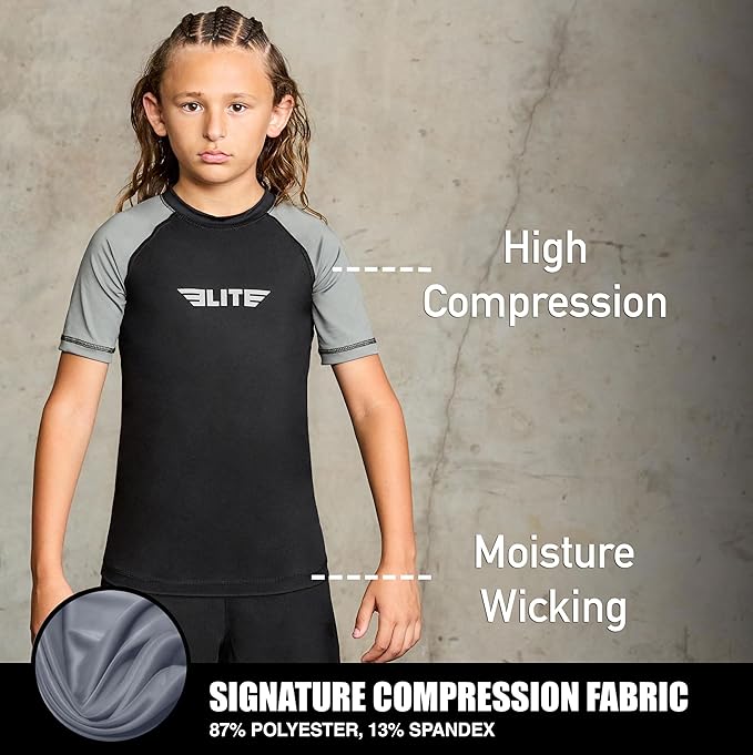 Elite Sports Kids Jiu Jitsu BJJ Rash Guard, Short Half Sleeve Compression Shirt for Youth Boys Girls Sports Nogi Training