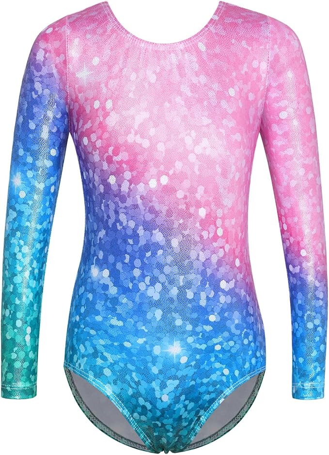 BAOHULU Leotards for Girls Gymnastics Long Sleeve Embroidery Shiny Black Diamond Dance Clothes