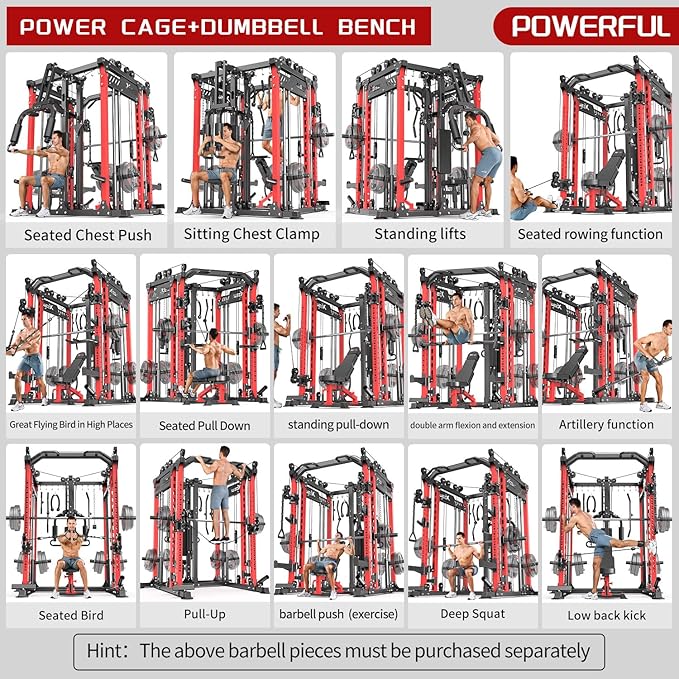 Smith Machine, Multi-Purpose Strength Power Cage with Cable Crossover System and More Training Accessories,Squat Rack Power Rack，Suitable for Home Gyms