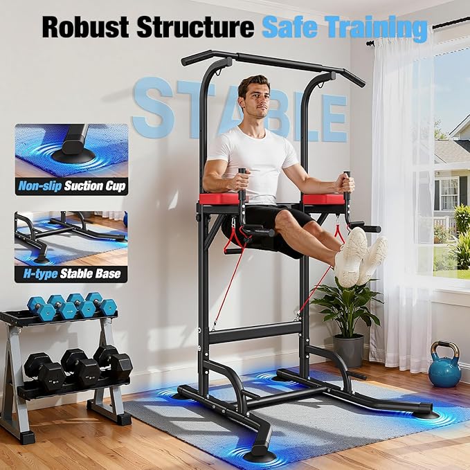 Dskeuzeew Power Tower Pull Up Bar Station for Home Gym Strength, 450LBS Pull Up Dip Station Assistive Trainer Height Adjustable with Elastic Ropes, Pull Up Bar Free Standing Heavy-Duty Fitness Equipment