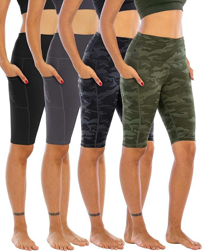 WHOUARE 4 Pack Biker Yoga Shorts with Pockets for Women,High Waisted Athletic Running Workout Gym Shorts Tummy Control