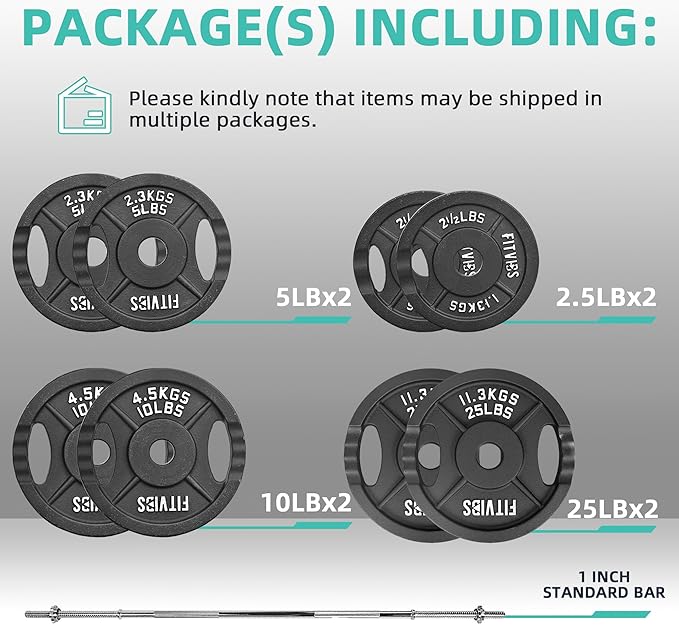 Fitvids Barbell Weight Set, Cast Iron 1" Standard Weight Plates Including 5FT Standard Barbell Bar & Star Locks, 95 Pounds Set (85 Lbs Plates + 10 Lbs Barbell Bar), Multiple Packages
