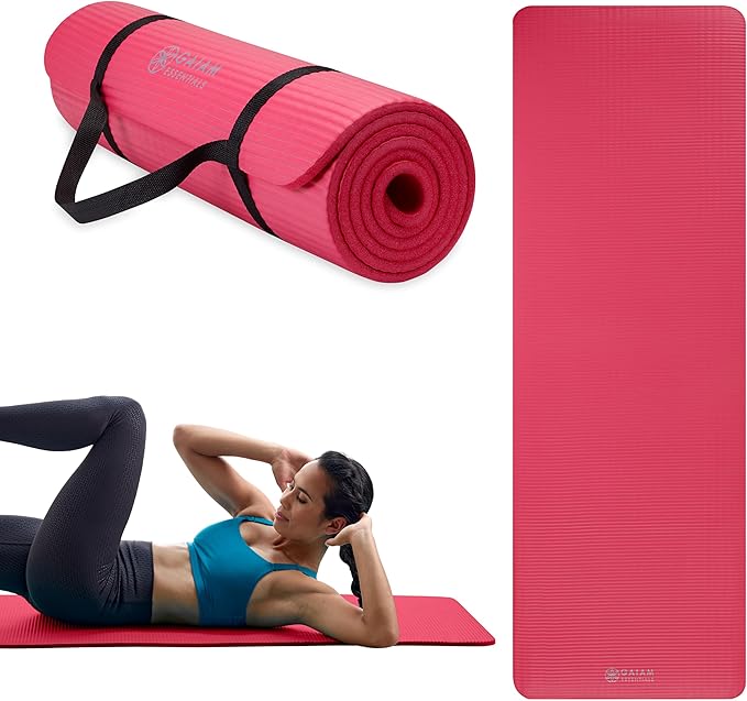 Gaiam Essentials 2/5" Thick (10mm) Yoga & Pilates, Fitness & Exercise Mat with Easy-Cinch Carrier Strap Cushion Support For Fitness and Gym Workouts