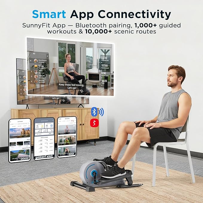 JLL Smart Mini Elliptical – Low-Impact Cardio, Quiet Magnetic Resistance (8 Levels), Compact for Home or Office, LCD Display, Bluetooth SunnyFit App Compatible