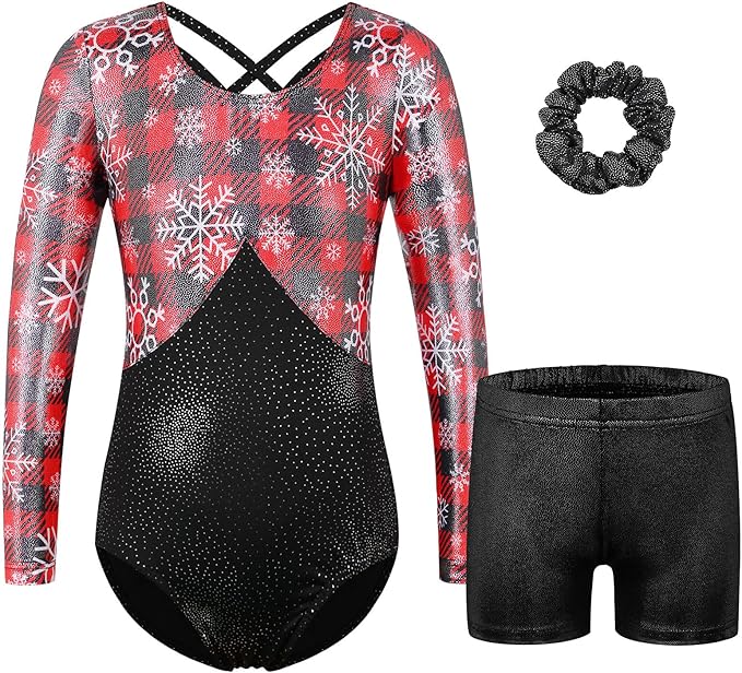 BAOHULU Gymnastics Leotards for Girls Long Sleeve Sparkly Cute Pattern Dance Outfit with Matching Shorts Set