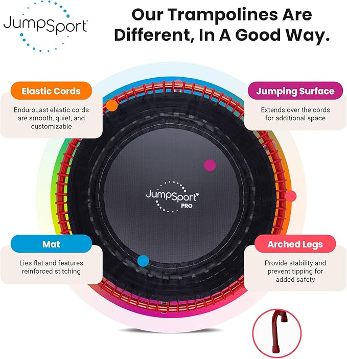 JumpSport 350 PRO Fitness Trampoline, Cardio Workout, No-Tip Arched Legs Home Gym Equipment, Adjustable Bungees & 60 Day Trial Video