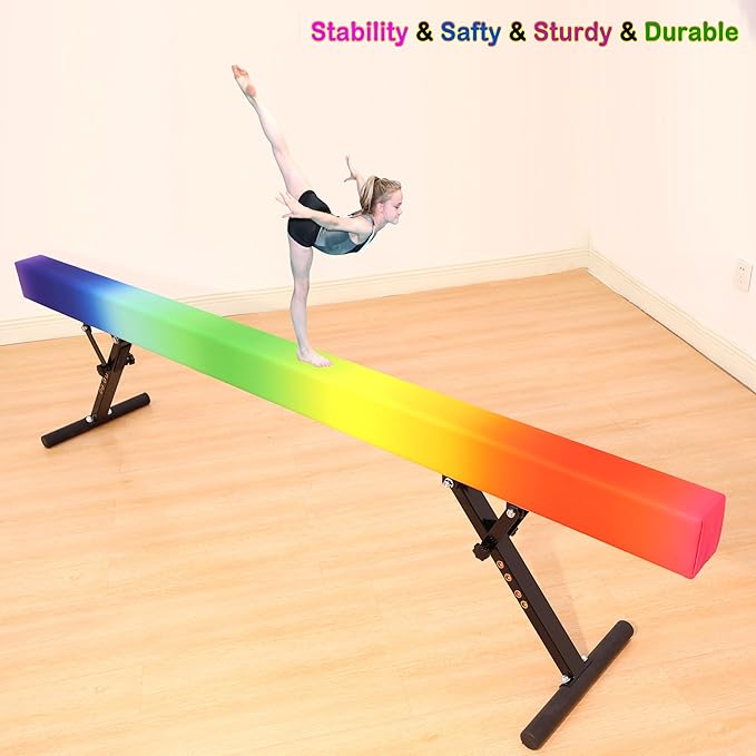 8 Ft Gymnastic Balance Beam with Adjustable Height From7 inch to 22 inch for Kids Children Home Practice, Adjustable Balance Beam with Leg, High and Low Floor Gymnatic Training Beam