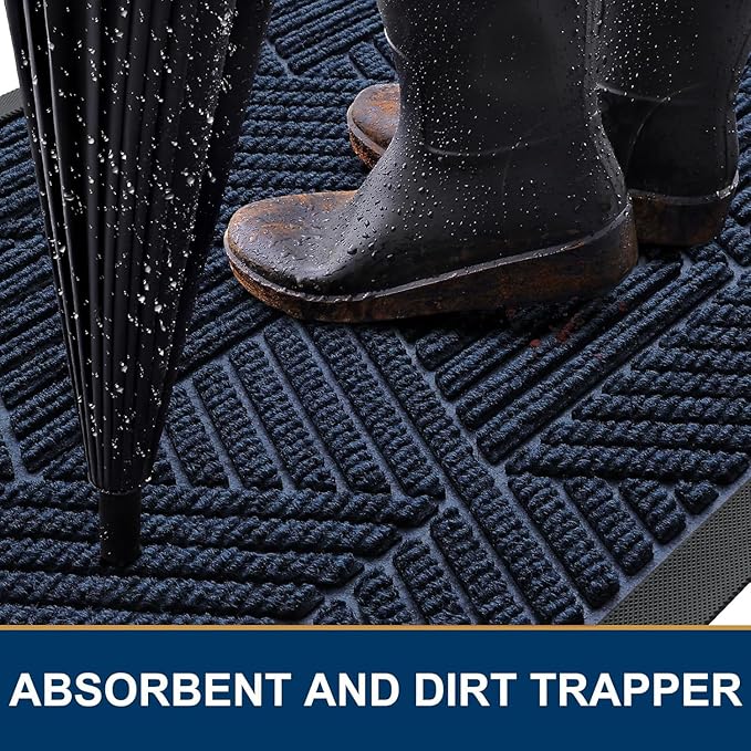 Smiry Front Door Mat Outside Entrance, Heavy Duty Sturdy Natural Rubber Doormat, Trap Dirt and Moisture, Easy Clean Low Profile Mats for Indoor Outdoor Entry, Irregular Triangle (59x24, Navy Blue)