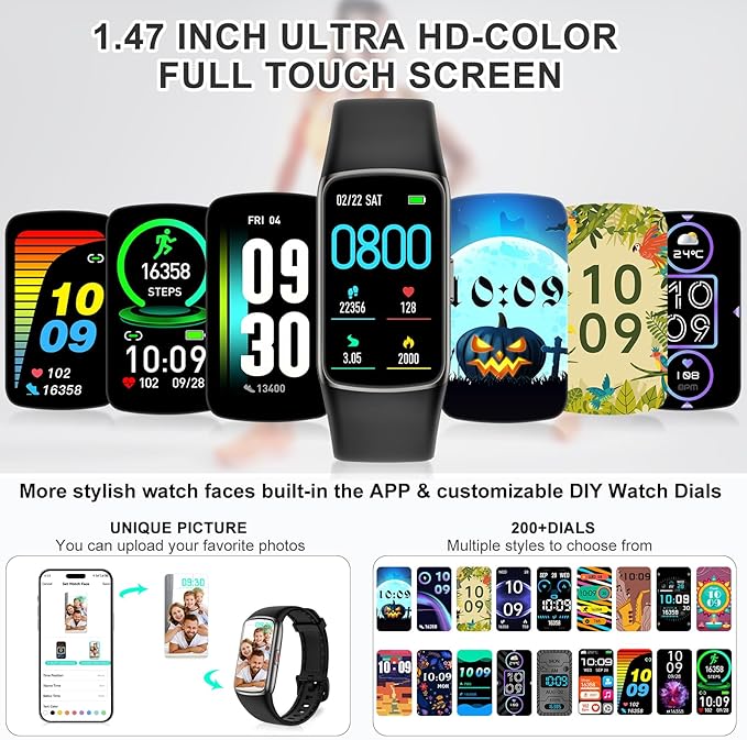 Fitness Tracker Step Counter with 24/7 Heart Rate Blood Oxygen Sleep Monitor, 1.47''AMOLED Touch Color Screen Activity Watch, Smart Watches Pedometer for Women Men Android/iOS