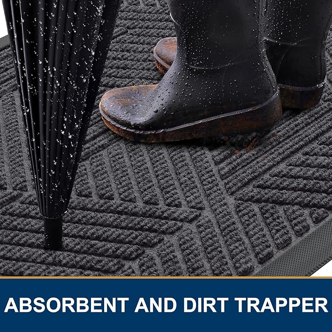 Smiry Front Door Mat Outside Entrance, Heavy Duty Sturdy Natural Rubber Doormat, Trap Dirt and Moisture, Easy Clean Low Profile Mats for Indoor Outdoor Entry, Irregular Triangle (47x32, Medium Grey)