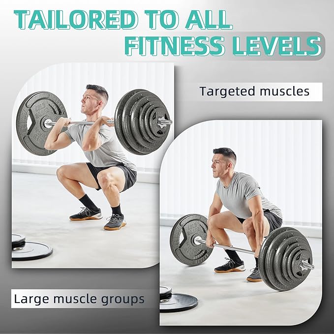 Fitvids Barbell Weight Set, Cast Iron 1" Standard Weight Plates Including 5FT Standard Barbell Bar & Star Locks, 95 Pounds Set (85 Lbs Plates + 10 Lbs Barbell Bar), Multiple Packages