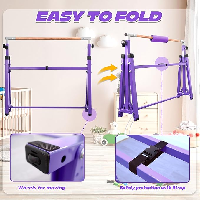 Foldable Gymnastic Bar for Kids Ages 3-20,5FT/6FT Horizontal Bar Base Length,Height Adjustable Kids Training Bar for Gymnastics,Gymnastics Equipment for Home Clubs