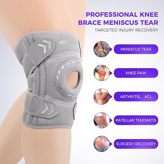 Knee Support Brace for Women Men, Adjustable Knee Compression Sleeve Brace Patellar Pad Tendon - Arthritis Pain, Meniscus Tear, Injury Recovery, Running, Workout, Neoprene Knee Braces with Stabilizers and Open Patella, Gray