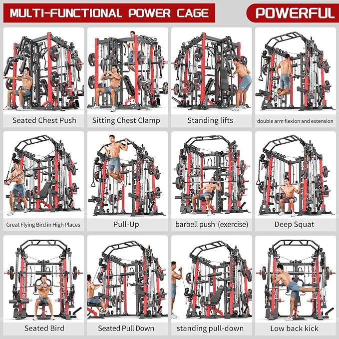 Smith Machine, Multi-Purpose Strength Power Cage with Cable Crossover System and More Training Accessories,Squat Rack Power Rack，Suitable for Home Gyms
