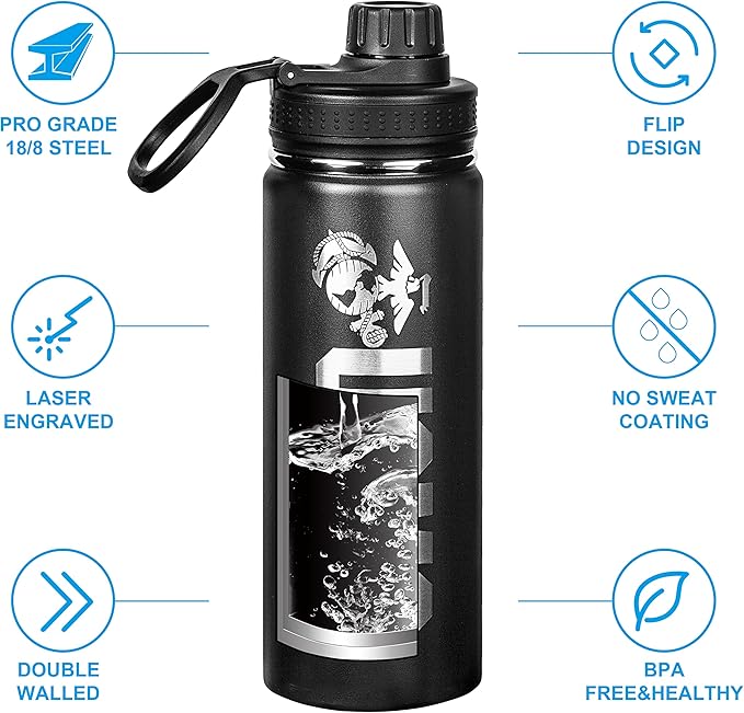 USMC 20oz Water Bottle | Marine Corps Double Wall Vacuum Insulated Stainless Steel | Disabled Vet Owned Business | USMC 20oz Water Bottle