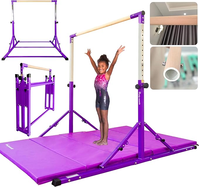PreGymnastic Foldable Gymnastics Bar, 6FT Horizontal Bars, Folding Training Bar for Kids Ages 3-18, Weight Limit 500 LB, Adjustable kip Bar,Home Gym Equipment Indoor