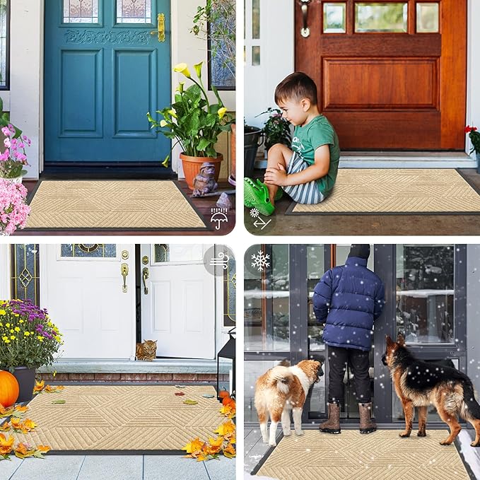 Smiry Front Door Mat Outside Entrance, Heavy Duty Sturdy Natural Rubber Doormat, Trap Dirt and Moisture, Easy Clean Low Profile Mats for Indoor Outdoor Entry, Irregular Triangle (36x24, Beige)