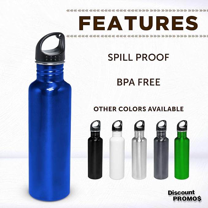 DISCOUNT PROMOS Stainless Steel Water Bottles 26 oz. Set of 10, Bulk Pack - Reusable, Leak Proof, Perfect for Gym, Hiking, Camping, Outdoor Sports - Met Blue