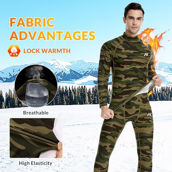 Men Thermal Underwear Set Long Johns with Fleece Lined Base Layer Men Cold Weather Top Bottom for Skiing Running