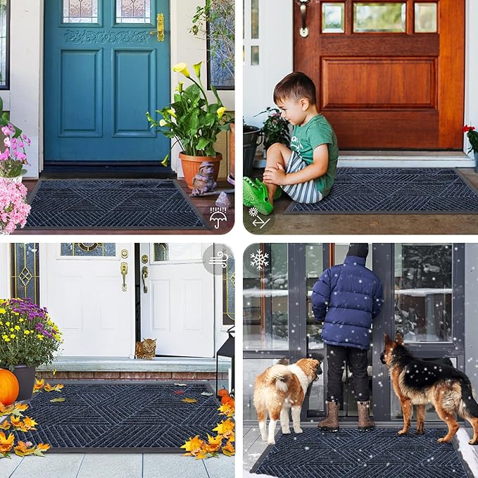 Smiry Front Door Mat Outside Entrance, Heavy Duty Sturdy Natural Rubber Doormat, Trap Dirt and Moisture, Easy Clean Low Profile Mats for Indoor Outdoor Entry, Irregular Triangle (36x24, Navy Blue)