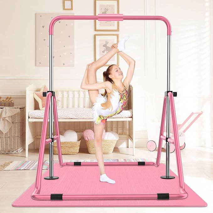 HYD-Parts Gymnastics Bar with Mat, Foldable Gymnastics Horizontal Bar Height Adjustable, Gymnastics Equipment for Kids 3-12 Ages, Children's Gifts